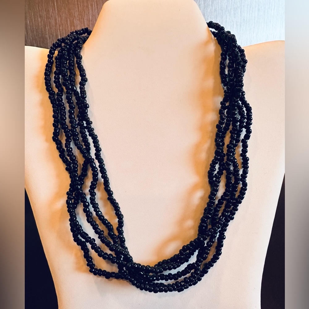 5 Strand Black seed bead handmade necklace 18.5”